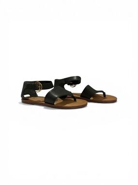 Franco Sarto Black Faux Leather Ankle-Strap Toe-Loop Sandals w Gold Buckle Sz 7M
